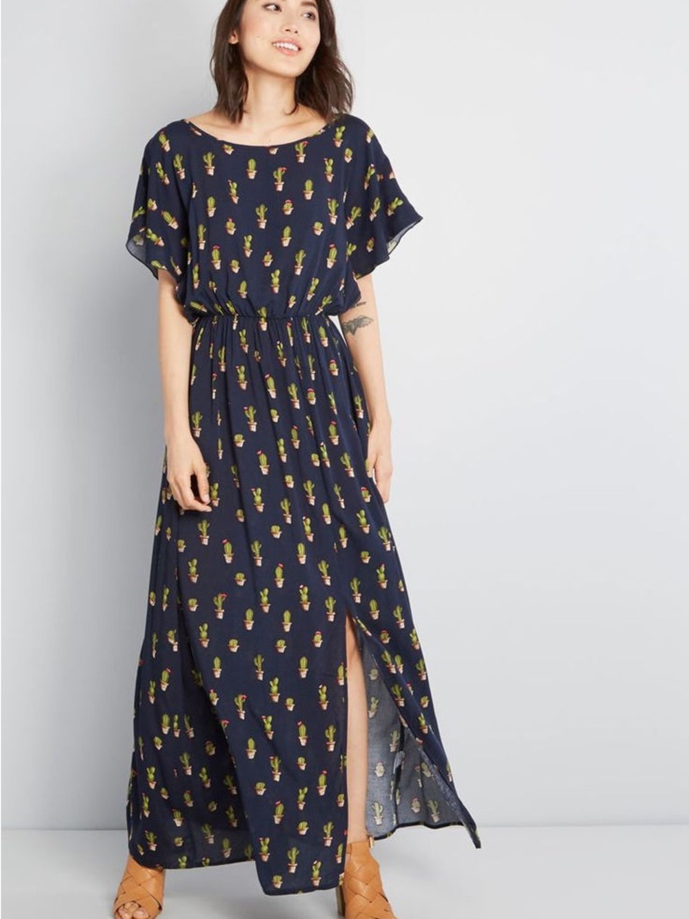 Modcloth Inspired Spirit Navy Cactus Summer Kaftan Maxi Dress Slit Cutout Sz M